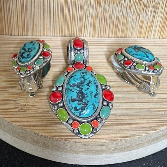 Jewelry - MX Turquoise and Red Stone Pendant Earrings Jewelry Set Native American